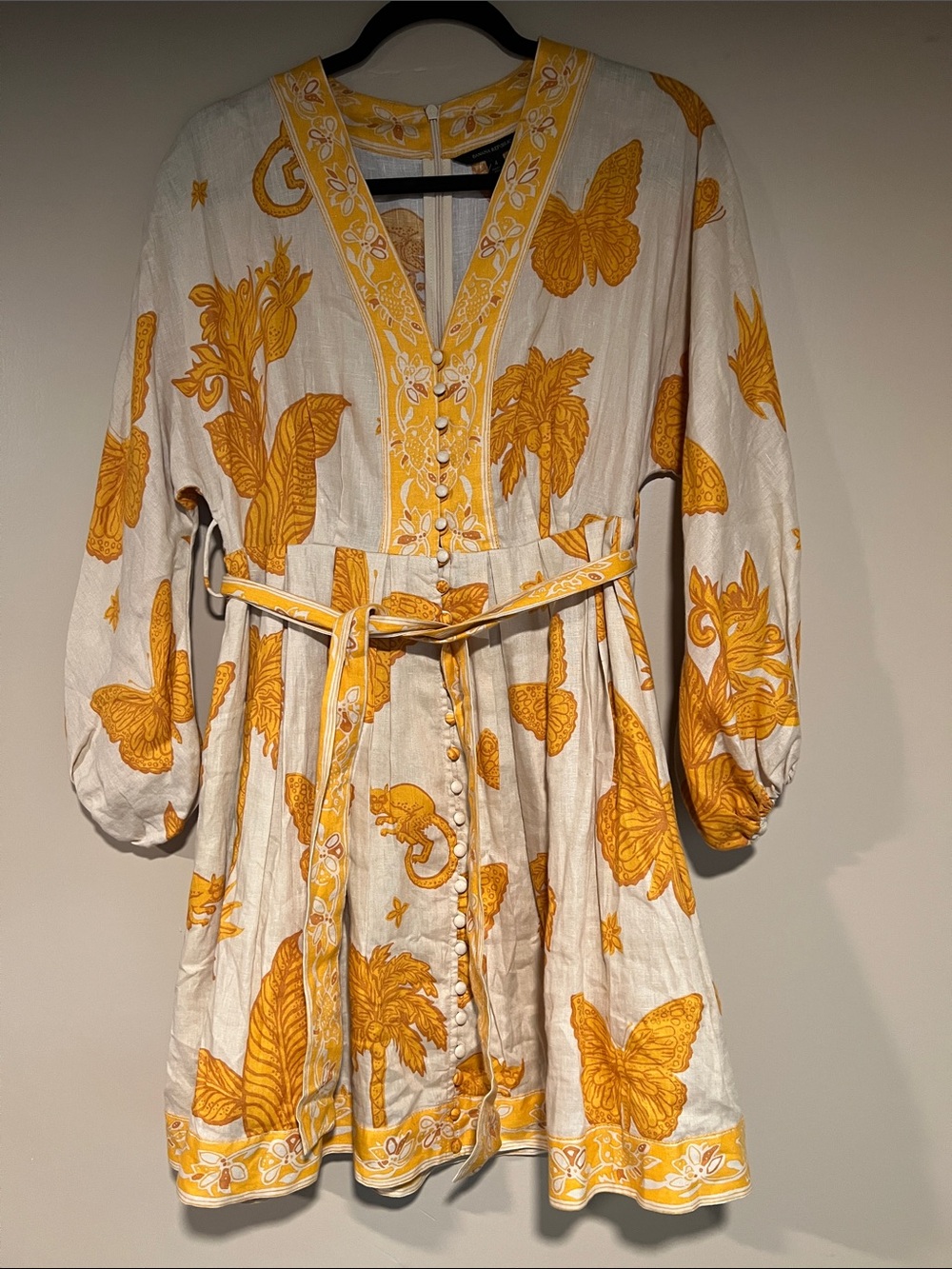 Banana Republic Yellow and Tan Butterfly Patterned Belted Dress with Pockets